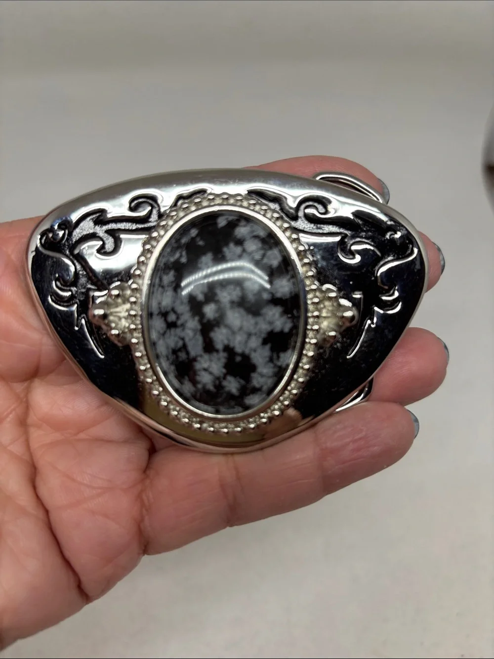 Silver-Tone Snowflake Obsidian Belt Buckle